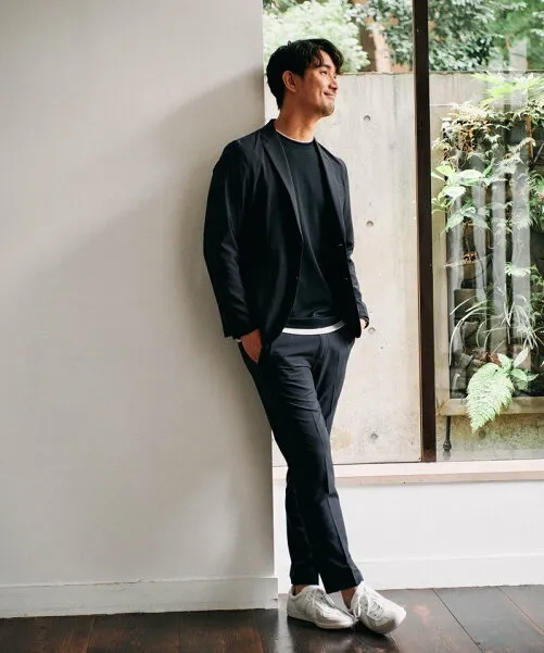 生け垣 メンズ ネイビー 単色 カジュアル ジャケット ビジネスカジュアル スマートカジュアル メンズ 男性 春 秋 ジャケパン 3点コーデセットネイビーテーラードジャケット×白ヒッコリーストライプデニム長袖シャツ×ベージュスリムストレッチチノパン メンズファッション