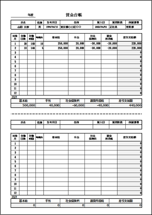 月別の賃金台帳のシンプルな横型シンプル雛形を無料ダウンロード！記載事項豊富でエクセル編集出来る雛形！簡単な書き方で作れるのでおすすめ！テンプレボール