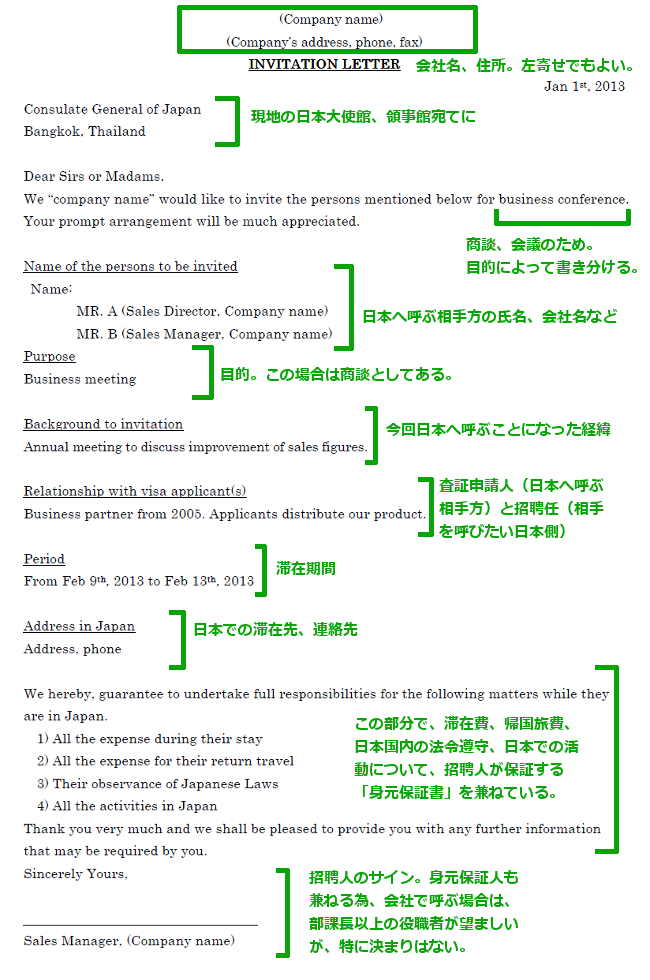 インド企業からのビジネスビザ用インビテーションの書式サンプル