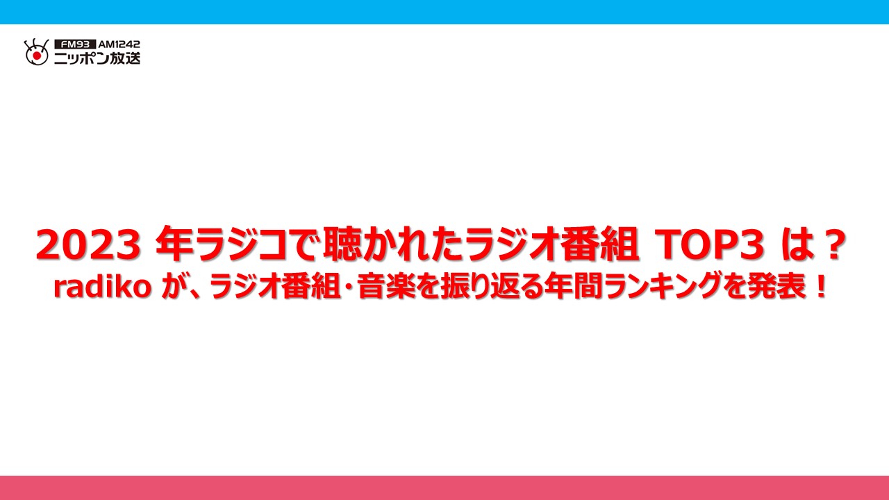 2024年ラジコで聴かれた在京在阪中部エリアのラジオ番組TOP10は？radikoが、ラジオ番組・ポッドキャスト・出演者・音楽を振り返る年間ランキングを発表！株式会社radikoのプレスリリース