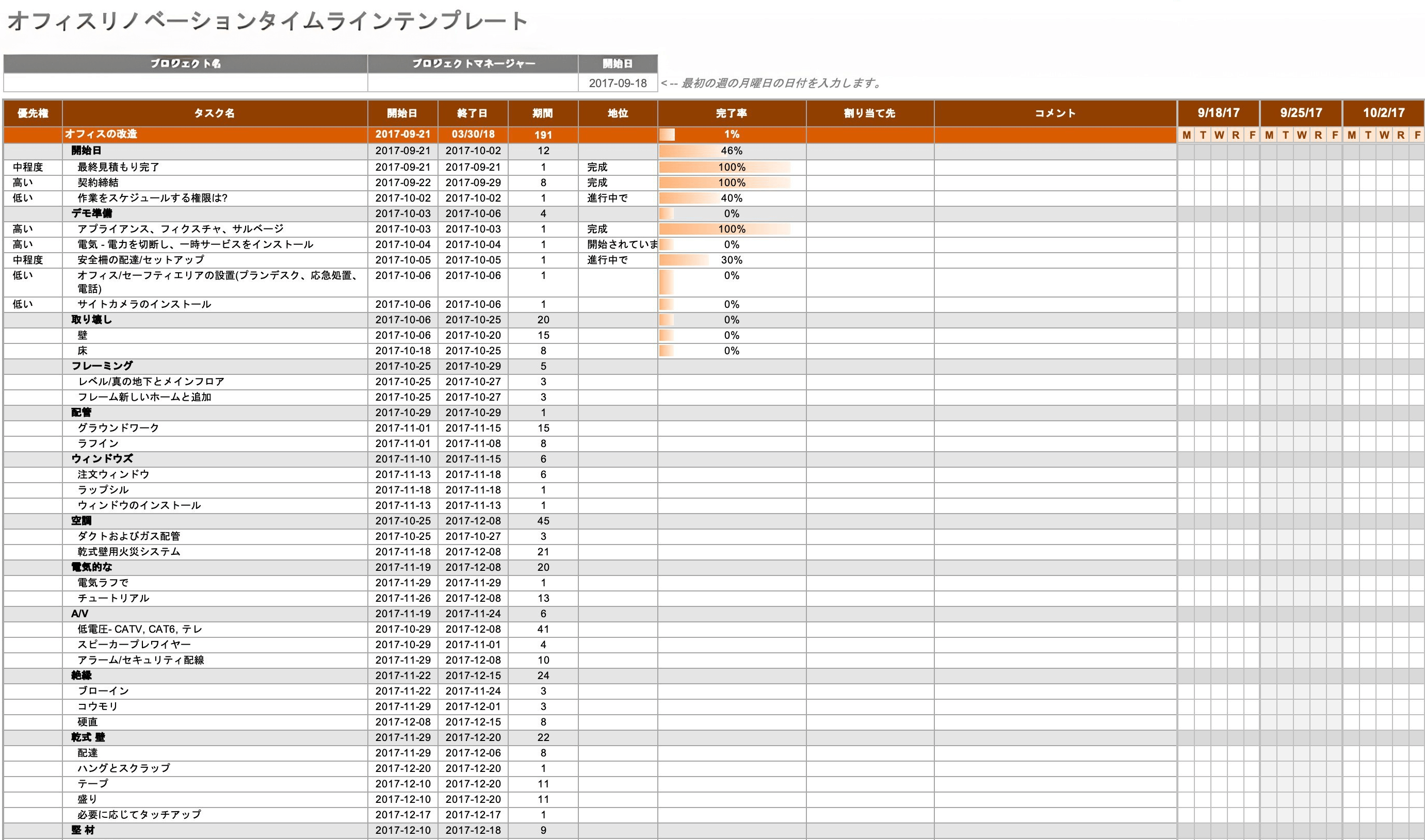 無料Excelテンプレート ガントチャート 週毎 ・シンプル・入力補助・フィルター付き・サンプル付きプラスブログ