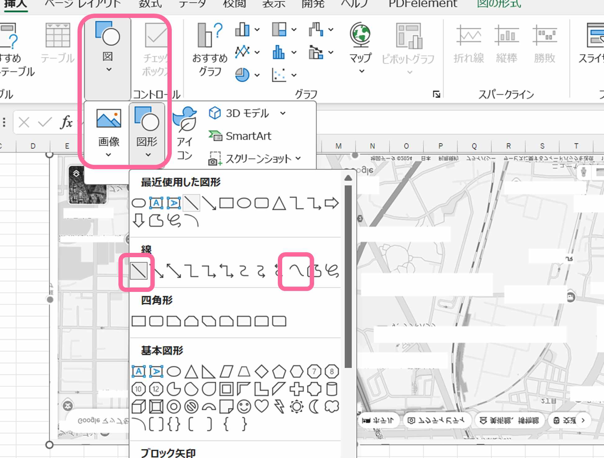 エクセル Excel に貼り付けた地図データに文字を追加したい。地図作成のマップデザイン