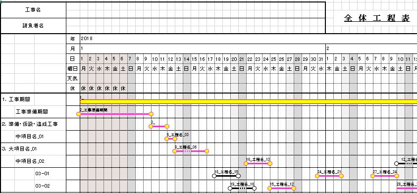 工事工程表の書き方・作り方 書式・様式・フォーマット 雛形 ひな形テンプレート01 週間エクセル Excel-文書 テンプレートの無料ダウンロード