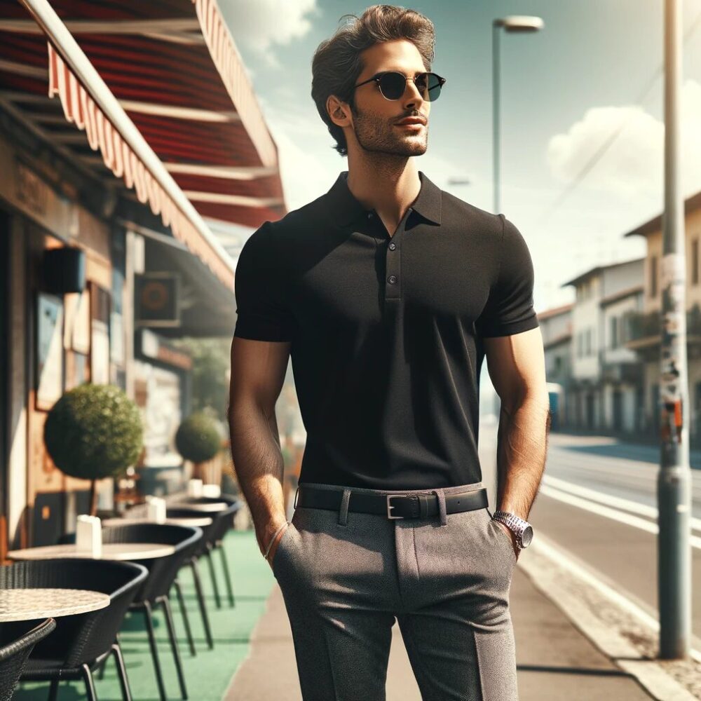 メンズ 半袖 ポロシャツ 夏 ビジネス カジュアル オフィス エレガント サマーコーデ スタイリッシュ シンプル クール20代社会人メンズ2点コーデセット 黒形態安定ラインデザイン半袖シャツ型ポロシャツ×ネイビースリムストレッチデニムパンツ biz