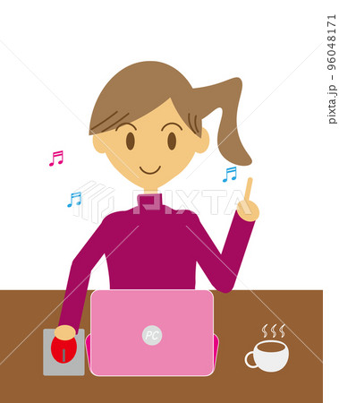 ノートパソコン作業する在宅リモートワーク仕事をする女性のイラスト素材201546053- イメージマート