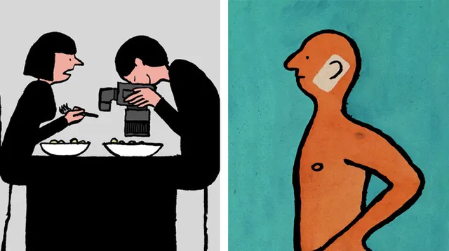 スマホ依存症の風刺画、携帯に顔が吸い込まれる加工写真、元ネタ作品は若手写真家アントワーヌ・ガイガー Antoine Geiger :テンメイのＲＵＮ＆ＢＩＫＥ