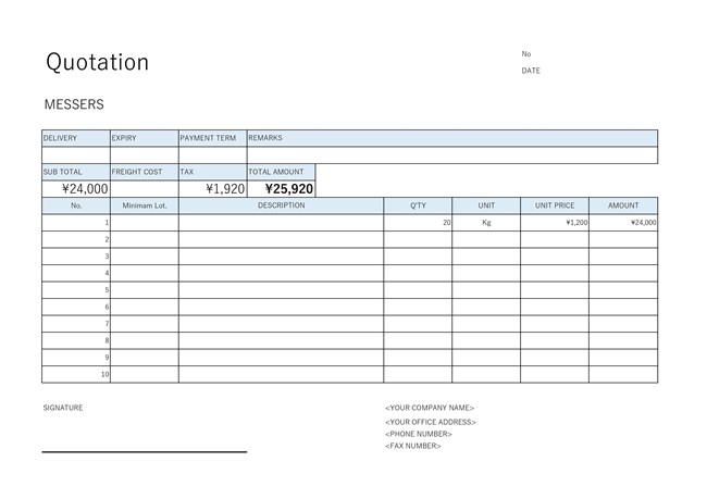 英文 quotation の見積書 クールブルーの横型テンプレート エクセル・ナンバーズ無料テンプレートMac・Windows 『ひな形ジャーナル』