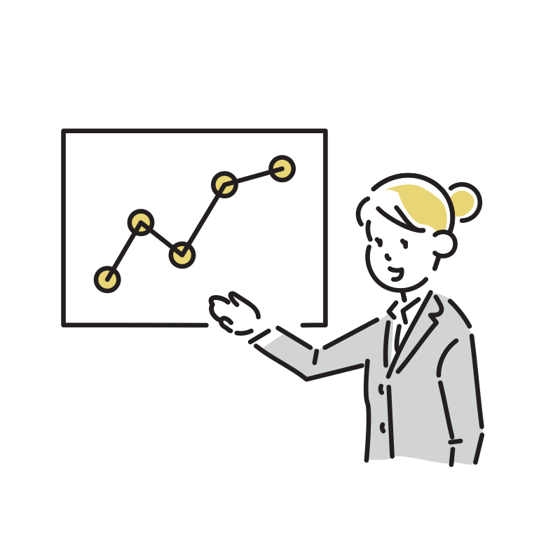 フリー素材右肩上がりのグラフでプレゼンテーションをするサラリーマンのイラスト