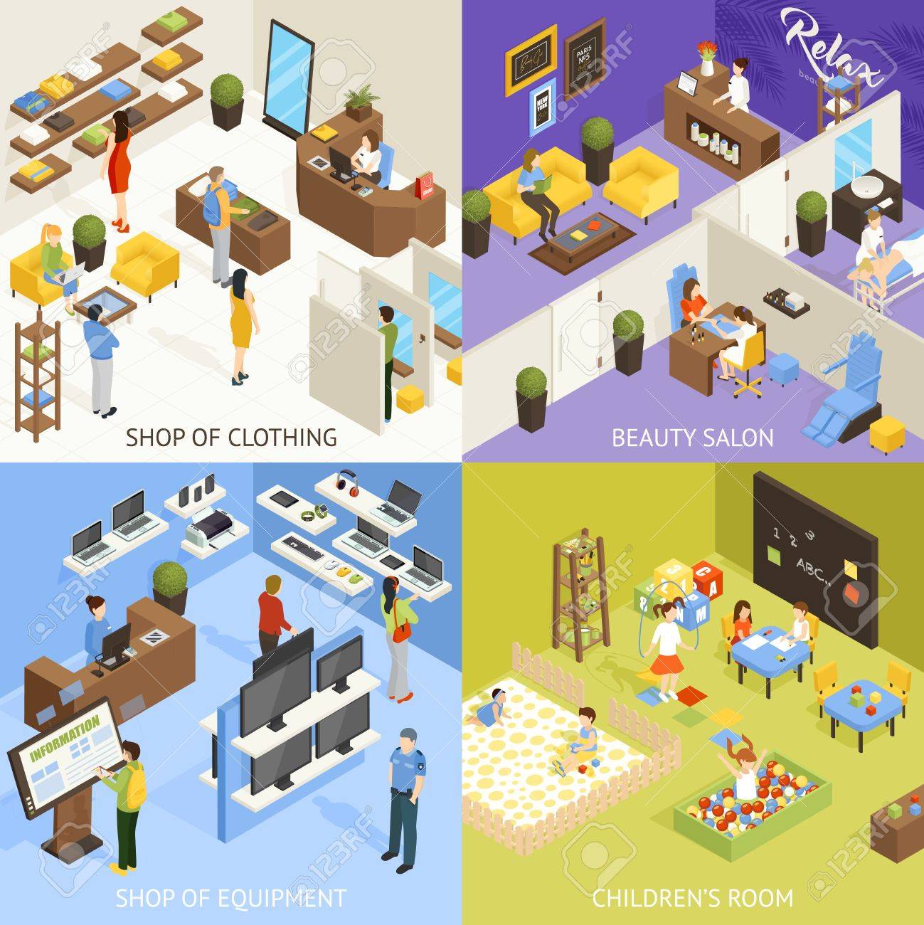 ショッピング モールの家電量販店子供プレイルーム ビューティー サロン 4 等尺性のアイコン正方形概念分離ポスター ベクトルイラストのイラスト素材・ベクター Image 82184426
