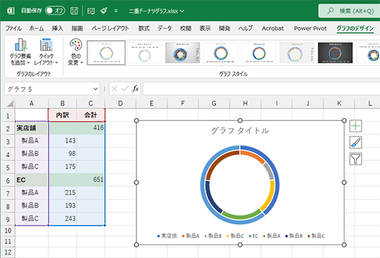 Excel2007における二重円グラフ 二重ドーナツグラフ の幅変更Exce- Yahoo!知恵袋