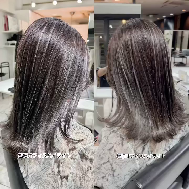 派手すぎないけど、おしゃれに見える」, 細めのハイライトで、オフィスでも浮かない大人カラーに。, 白髪ぼかしや髪の動きの演出にもおすすめです！,細めハイライト大人ハイライト白髪ぼかしハイライト透明感カラーオフィスヘア上品ヘアカラー大人女性ヘア