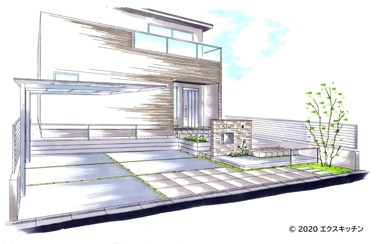 アプローチ兼駐車場おしゃれな外構デザインで、皆さんの家をもっと素敵に - 福山建築
