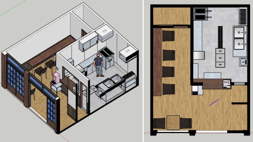 飲食店の店舗設計レイアウト3D厨房図面カフェ、そばうどん、弁当惣菜店、焼鳥居酒屋、焼肉店の厨房設計 東京埼玉