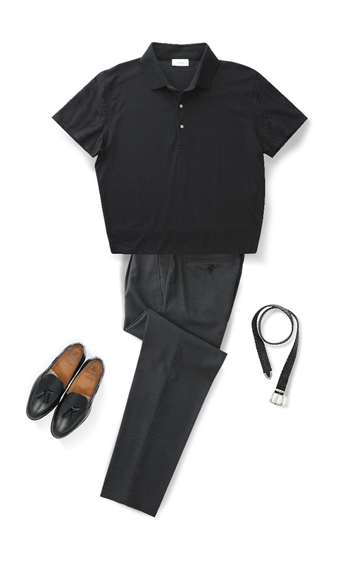 長袖黒ポロシャツ×ベージュスリムパンツ×ビジネスブリーフケース biz20ss_5666のコーディネート例ビジネス・オフィス・スマートカジュアル 専門通販