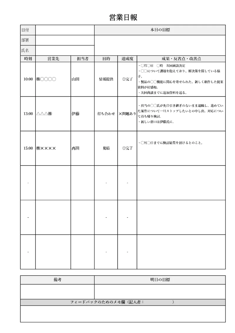営業週報記入項目が異なる2書式のExcel作成の無料フォーマットをダウンロード