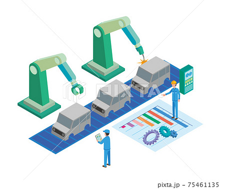 自動車工場。自動車とのロボット自動車組立ライン。自動車組立ベクトル製造コンセプトのコンベヤー。車のコンベヤーアセンブリ、工場の自動車生産の図のイラスト素材・ベクターImage 168211500