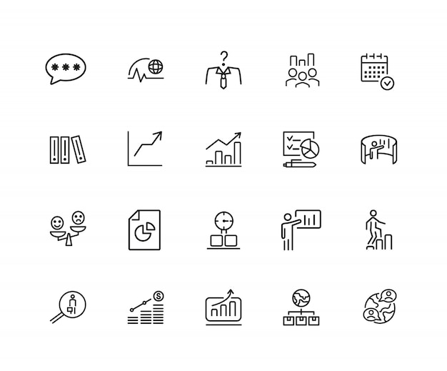 ビジネス戦略アイコン。 20行のアイコンのセット。成長チャート、プロモーション、プランPremiumベクトル素材