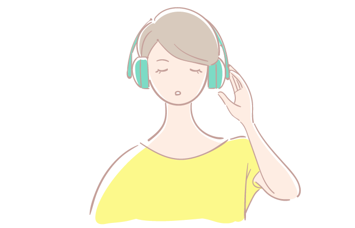 ヘッドホンで音楽を聴くゆるくて可愛い女の子の無料 フリー イラストかわいい 手描きの無料素材「てがきっず」保育園・小学校・介護施設にぴったりのフリー素材イラスト