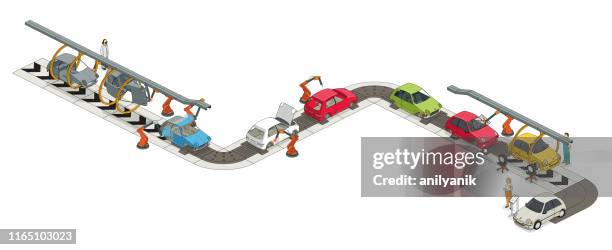 自動車工場。自動車工場。自動車組立ライン。エンジニアリングシステム自動車生産ライン。自動車製造工程。車ベクトル3D等角図のアセンブリのためのコンベアの イラスト素材・ベクター Image 119519765