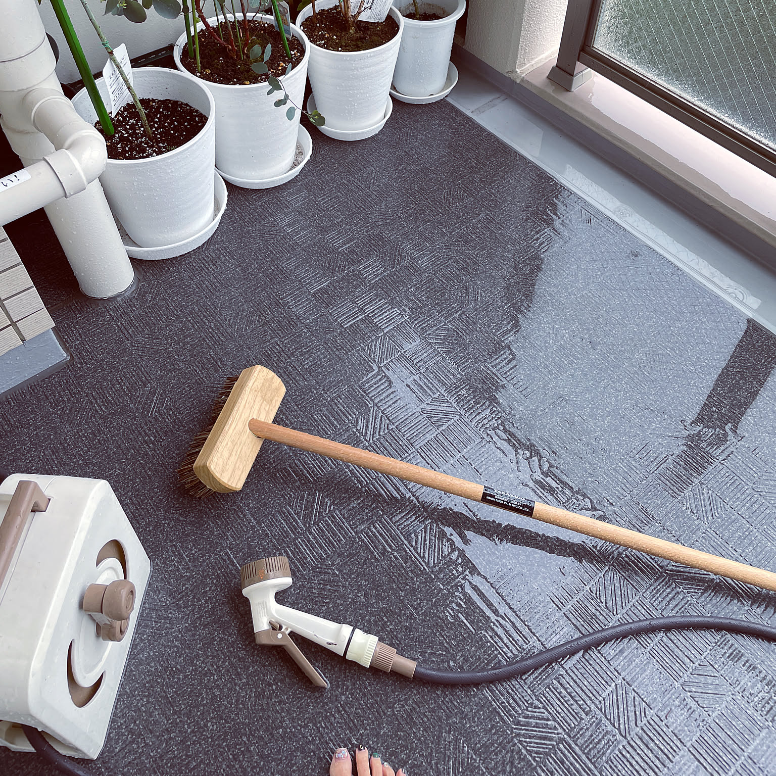 ▶︎簡単にする、ベランダ掃除﻿ ﻿ こんにちは¨̮﻿ 簡単に出来る掃除術をメインに投稿しているりんご🍎です @ririri031﻿ ﻿ 我が家は賃貸なので、ホースを使用せず﻿バケツで水を流してます﻿ ﻿ ダイソーのデッキブラシでも充分キレイになりますが﻿ たまにしか掃除しない場合